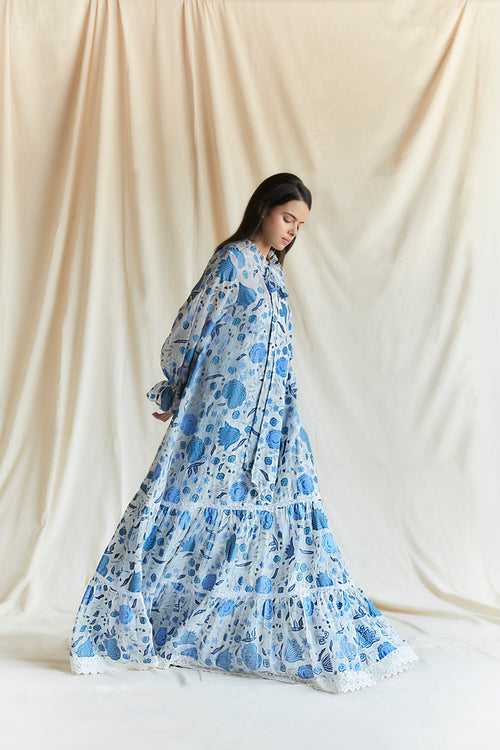 White and blue chintz printed maxi
