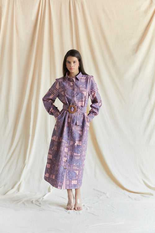 Salmon Pink printed shirt dress with belt