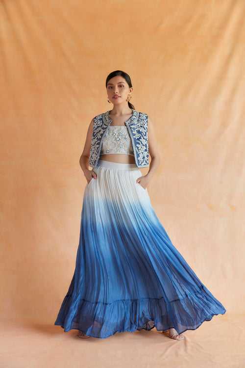 Blue and white Ombre skirt with pockets, top and embroidered vest