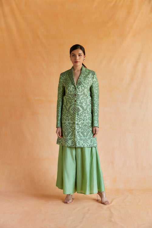 Green mirror embroidered blazer with palazzo