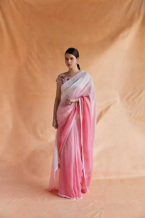 Pink and white ombre saree with embroidered blouse