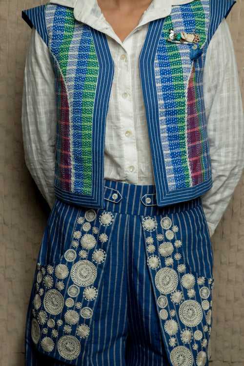 Blue cotton kantha embroidered waistcoat