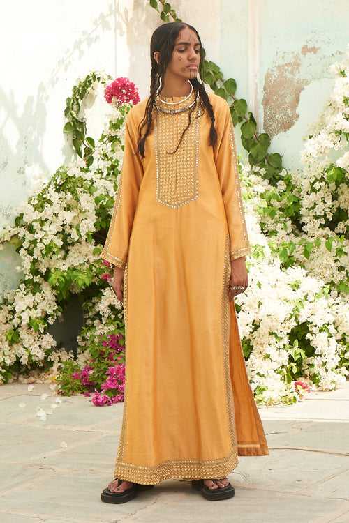 Honeycomb Yellow Danka Jalabia with Beige Pants