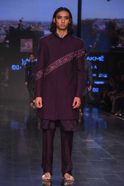 Purple Iktari Emb Quilted Achkan With Matching Silk Kurta and Pants