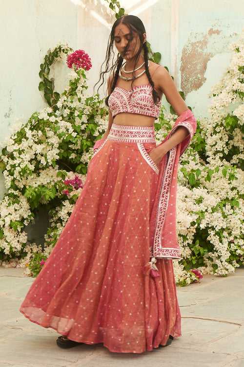 Pink Printed Silver Pita Work Ghagra Set