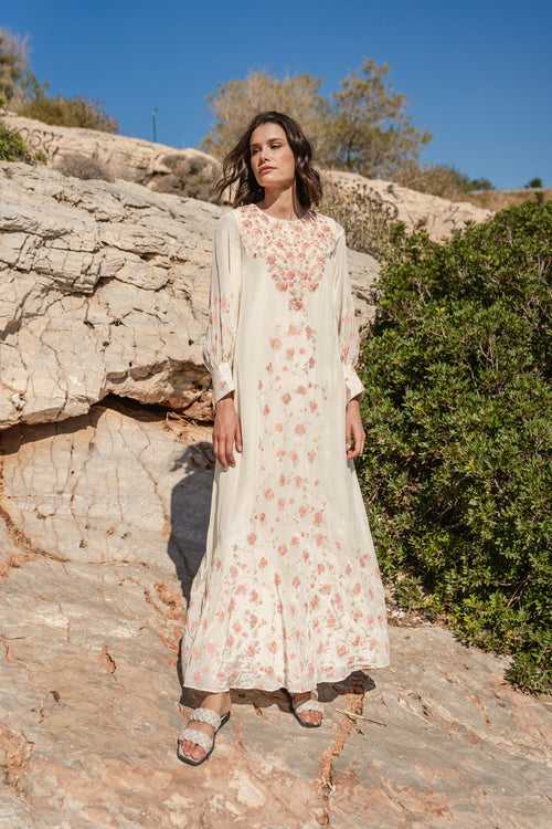 Beige crepe printed and cracker embroidered kaftan