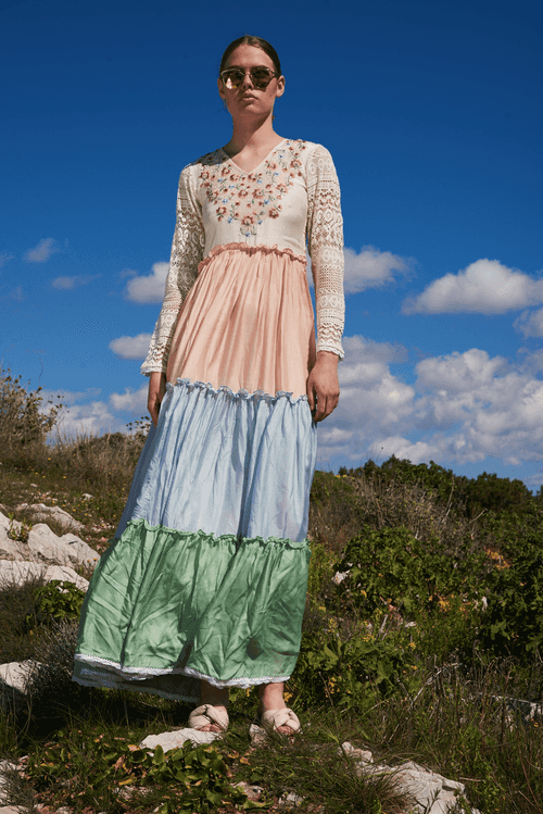 Bone, salmon, blue and green mul color blocked tiered maxi with embroidered bodice and lace sleeves