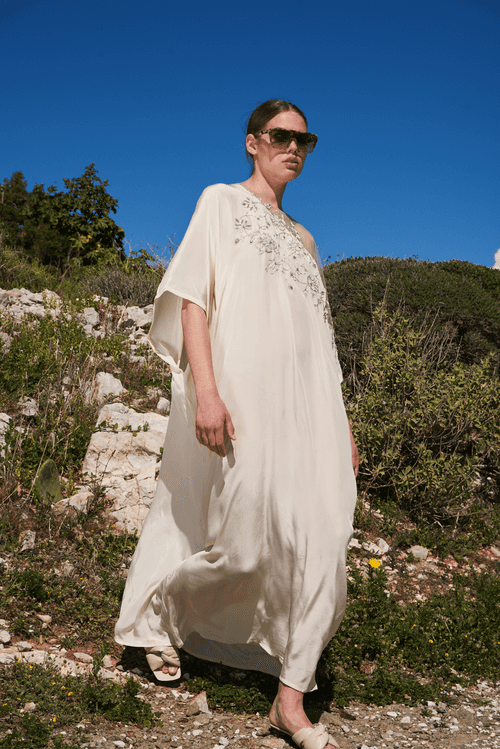 White crepe kaftan with net yoke and silver placement embroidery