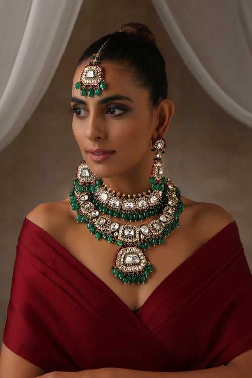 Divye Green Polki Necklace Set with Maang Tikka