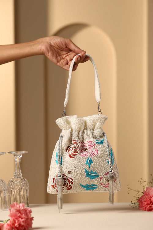 Vaali White Pearl and Embroidery Potli Bag
