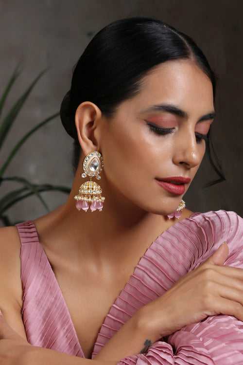 Taheri Pink Gold Plated Kundan Jhumka Earrings