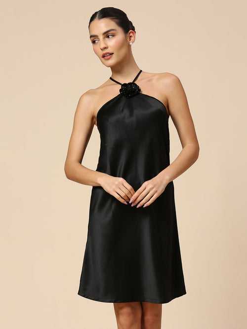 SATIN HALTER A-LINE SWING DRESS W/ EMBELLISHED CORSAGE