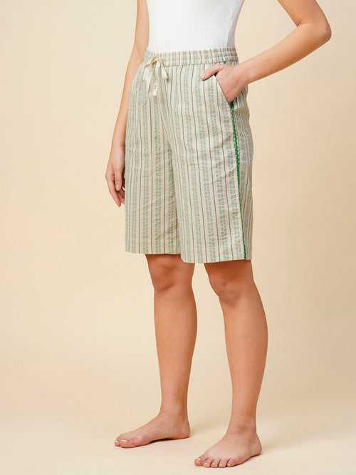 Striped Seersucker Knee Length Cotton Bermuda Shorts W/ Ric Rac Detailing