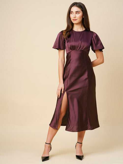 Satin Lycra Flutter Sleeve Bias Cut Dress W/ Front Slit