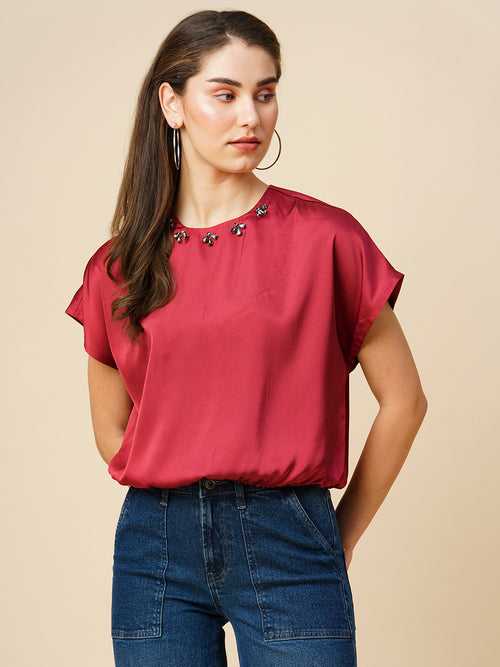 Satin Emebellished Drop Shoulder Cropped Blouson