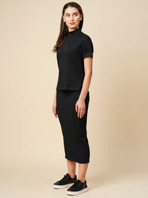 Ribbed Knit High Neck Tee And Fitted Skirt "Airport Look Co-Ord Set"