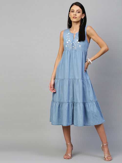 Light Weight Denim Tiered Dress With Embroidered Yoke