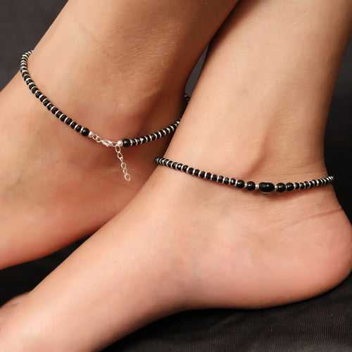 925 Pure Silver Nazarbattu Anklet in Black Beads