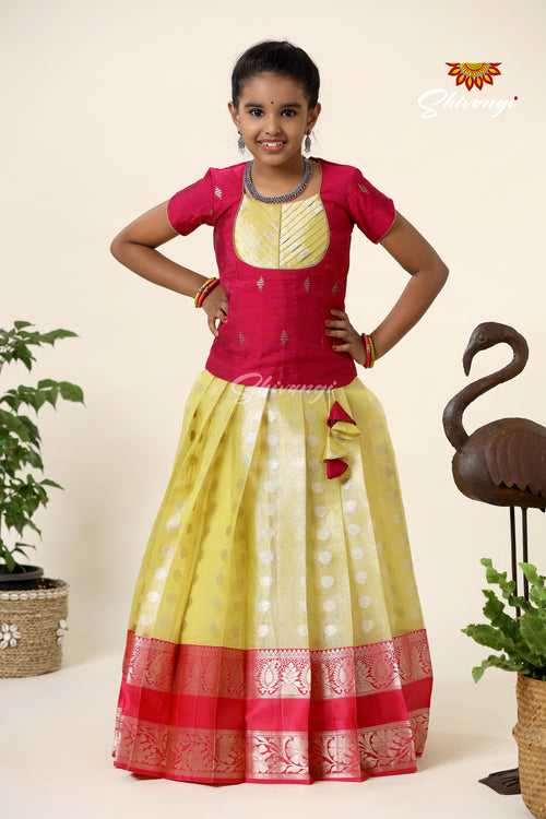 Girls Yellow Floating Mango Butta Pattu Pavadai