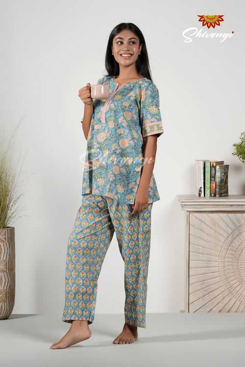 Blue Floral Print Cotton Top and Bottom Night Wear Set