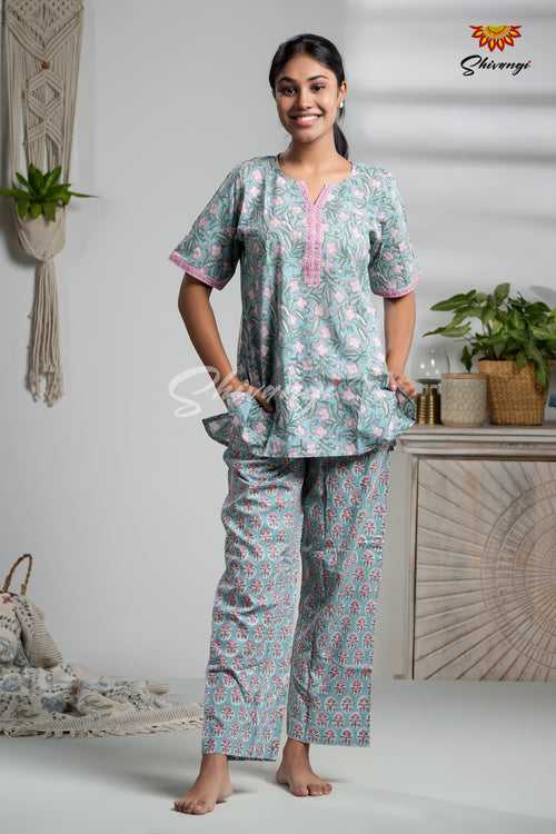 Teal Blue Floral Cotton Night Wear Set For Women !!!