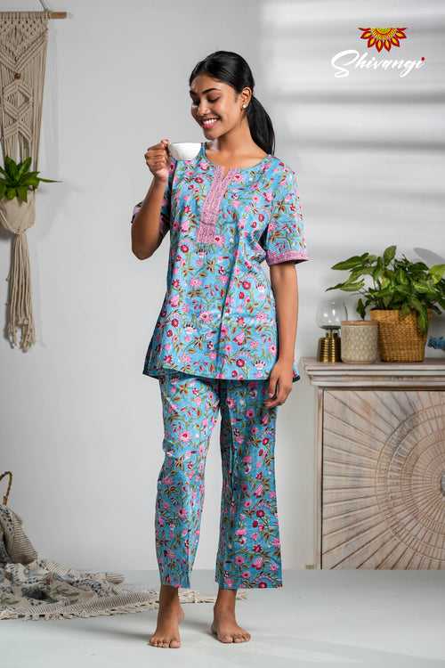 Blue With RedFloral Print Cotton Night Wear Set For Women !!!