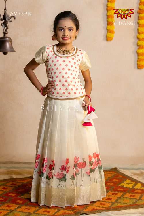 Onam Collection - Half White Onam Pink Lotus Pattu Pavadai - !!!