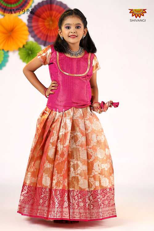 Pink Silver Poppy Pattu Pavadai For Girls - Festive Wear!!!