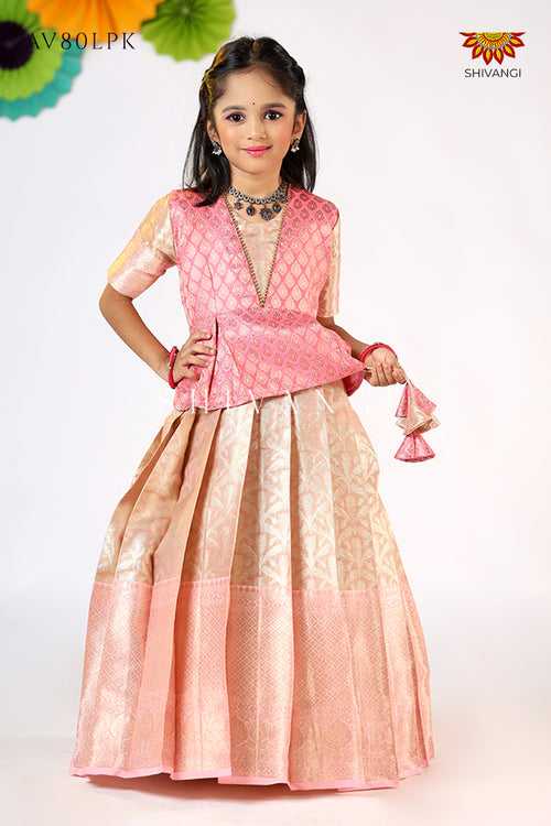 Girls Light Pink Pastel Tissue Coconut Pattu Pavadai - Festive Wear
