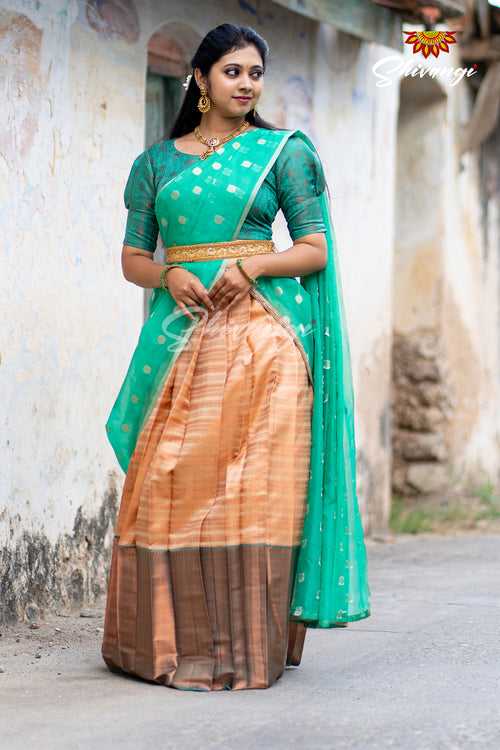 Girls Green Golden Rail Half Saree | Langa Davani