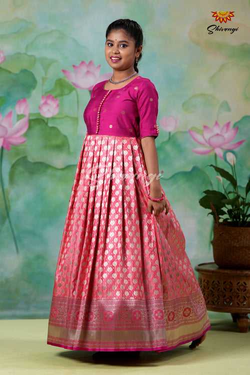 Pink Satin Twin Leaf Long Gown For Girls !!!