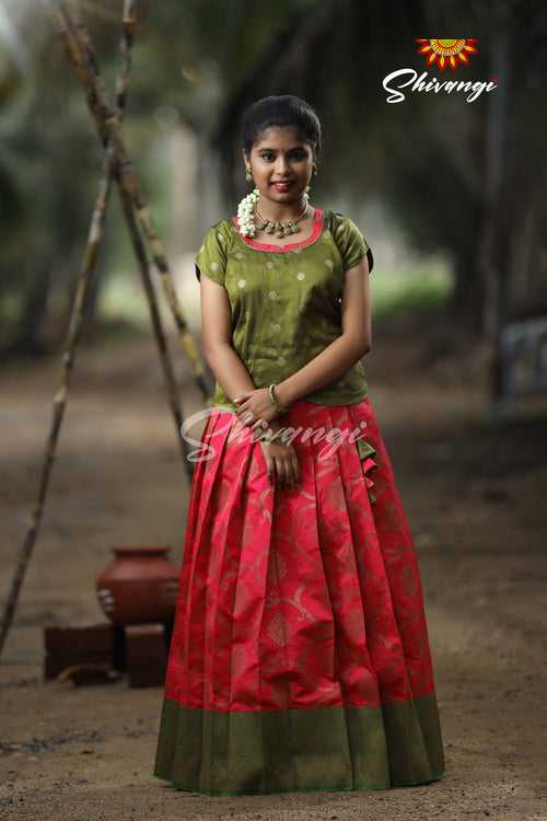 Pink Antique Pendant Pattu Pavadai designs For Girls