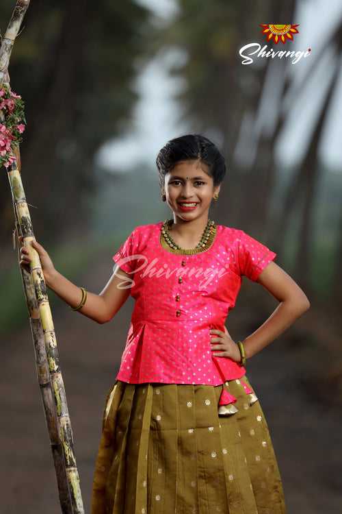 Semi Silk Pattu Pavadai Sattai Designs for Girls - Green Pepper Flower