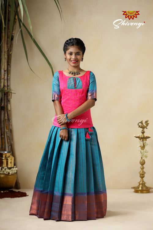 Girls Blue Copper Rail Pattu Pavadai For Girls !!!