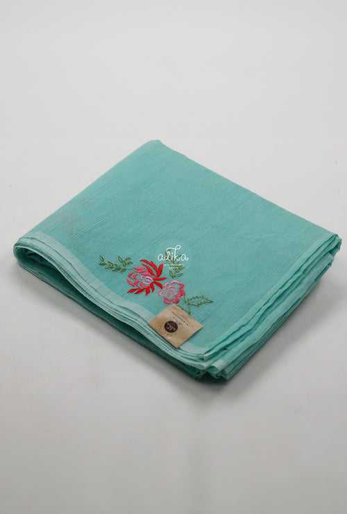 LIGHT SEA GREEN STRIPED KOTA SAREE WITH FLORAL MACHINE EMBROIDERY