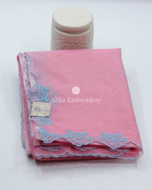 Captivating Pink Silky Kota Saree with Blue Floral Embroidery | Fusion of Elegance and Charm