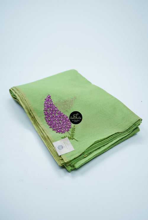 GREEN CHANDERI  SILK SAREE WITH PINK LAZY DAISY AND PEARL EMBROIDERY