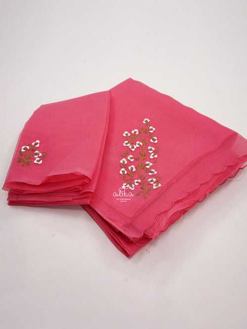 PINK KOTA SAREE WITH  WHITE FLORAL MACHINE EMBROIDERY