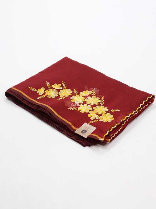 REDDISH MAROON CHANDERI SILK SAREE WITH YELLOW MACHINE EMBROIDERY