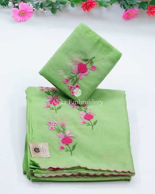 GREEN SILKY KOTA  SAREE  WITH PINK MACHINE EMBROIDERY