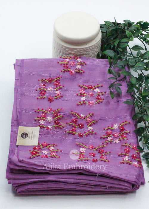 Dreamy Lavender: Soft Silk Saree with Delicate Lazy Daisy Work