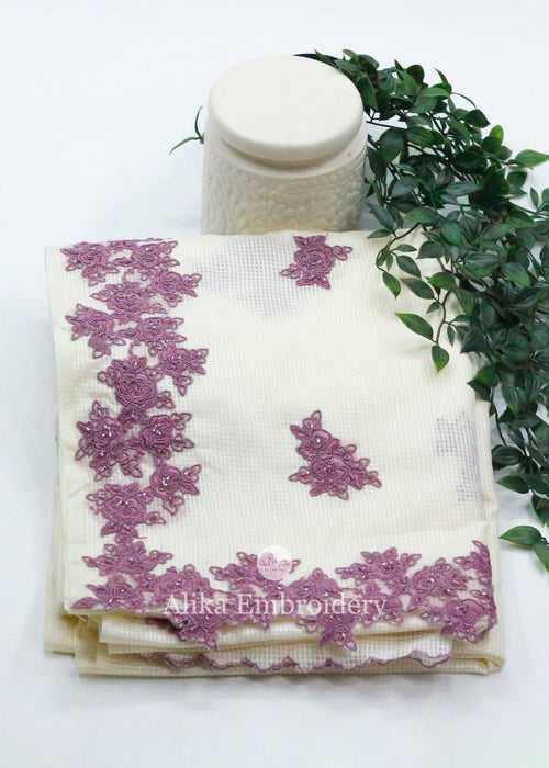 Creamy Elegance: Semi-Checked Tussar Silk Saree with Vibrant Purple Applique