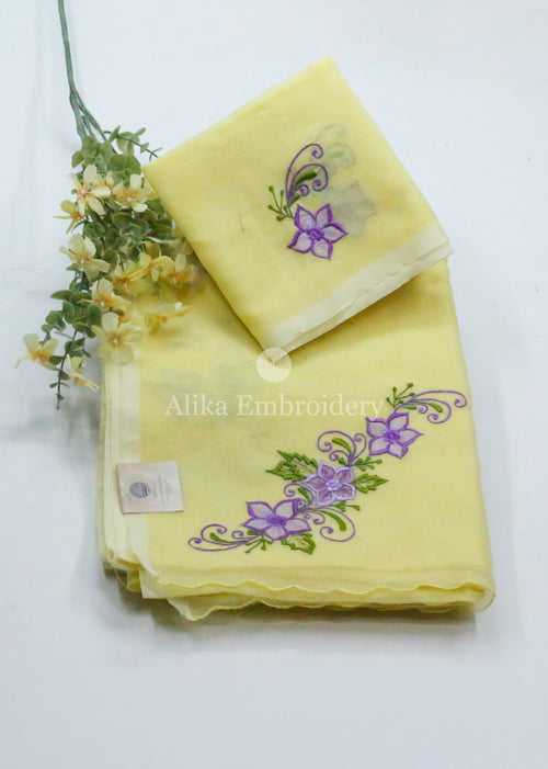 Sunshine & Serenity: Lemon Yellow Silky Kota Saree with Lavender Machine Work