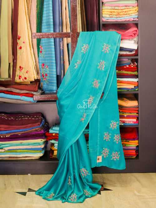 GREEN SOFT SILK SAREE WITH BEAD WORK