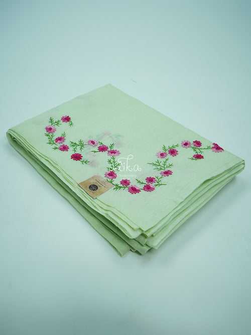 LIGHT GREEN SEMI RAW SILK SAREE WITH LAZY  DAISY EMBROIDERY