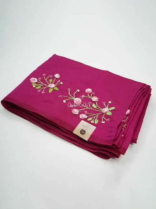 LIGHT VINE SHADE SEMI SILK SAREE WITH CASTON  HAND EMBROIDERY