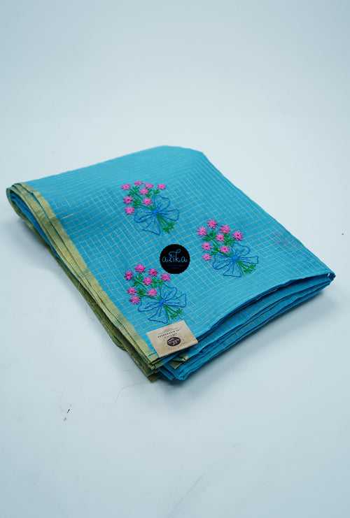 BLUE CHANDERI  SILK WITH  PINK LAZY DAISY WORK