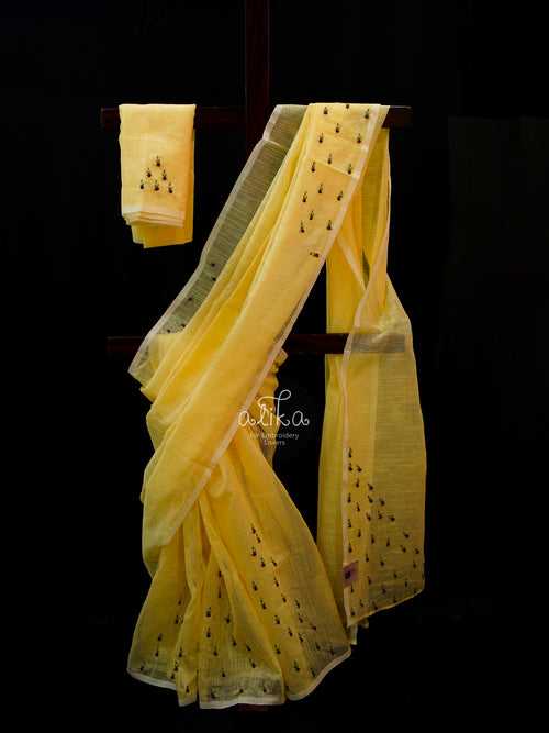 YELLOW STRIPED KOTA SAREE WITH DARK VINE SHADED MINI BULLION EMBROIDERY