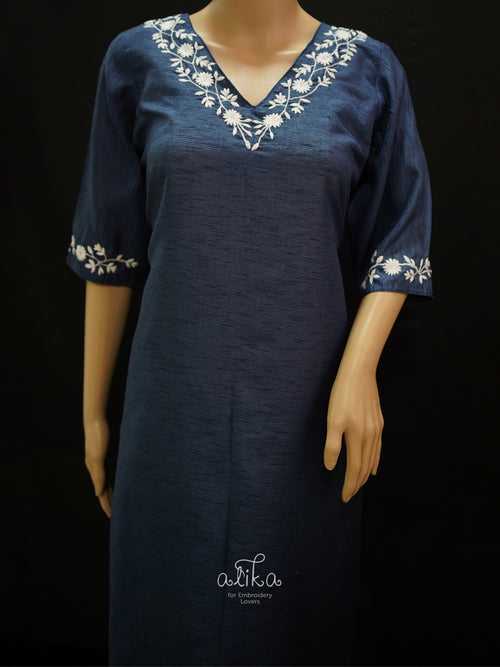 DARK BLUE SEMI RAW SILK STITCHED Top WITH WHITE MACHINE embroidery