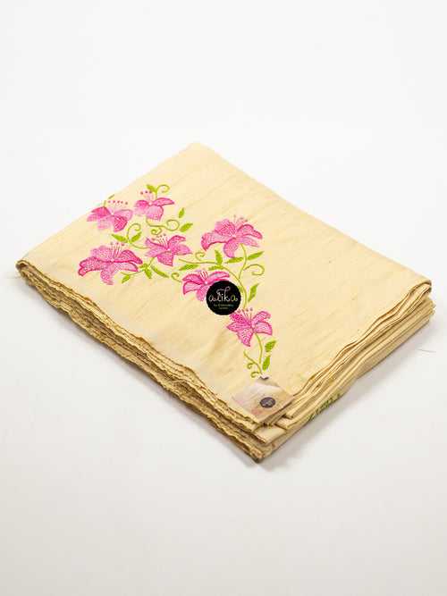 LIGHT GOLD RAW SILK SAREE WITH PINK AND GREEN HAND EMBROIDERY
